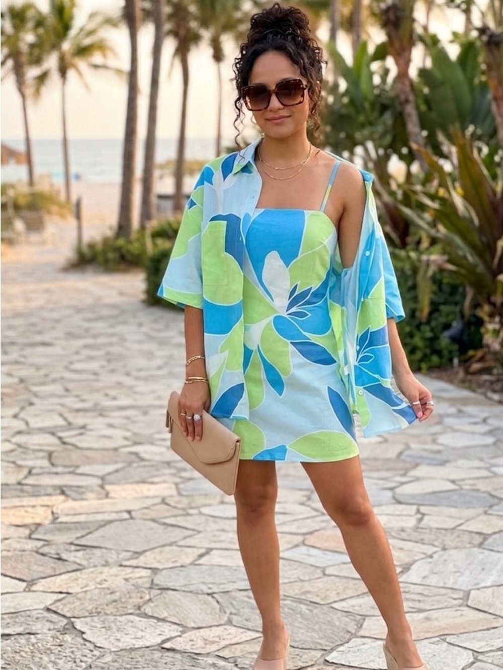 SABO NWT Tropical Mini Dress & Matching Shirt Set Blue Green Size M (Runs Small)